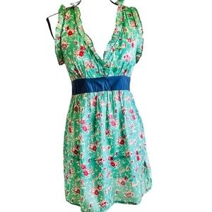 Solemio Mini Dress Green and Pink Ruffle Flounce Vneck Coquette Girl Y2K Medium